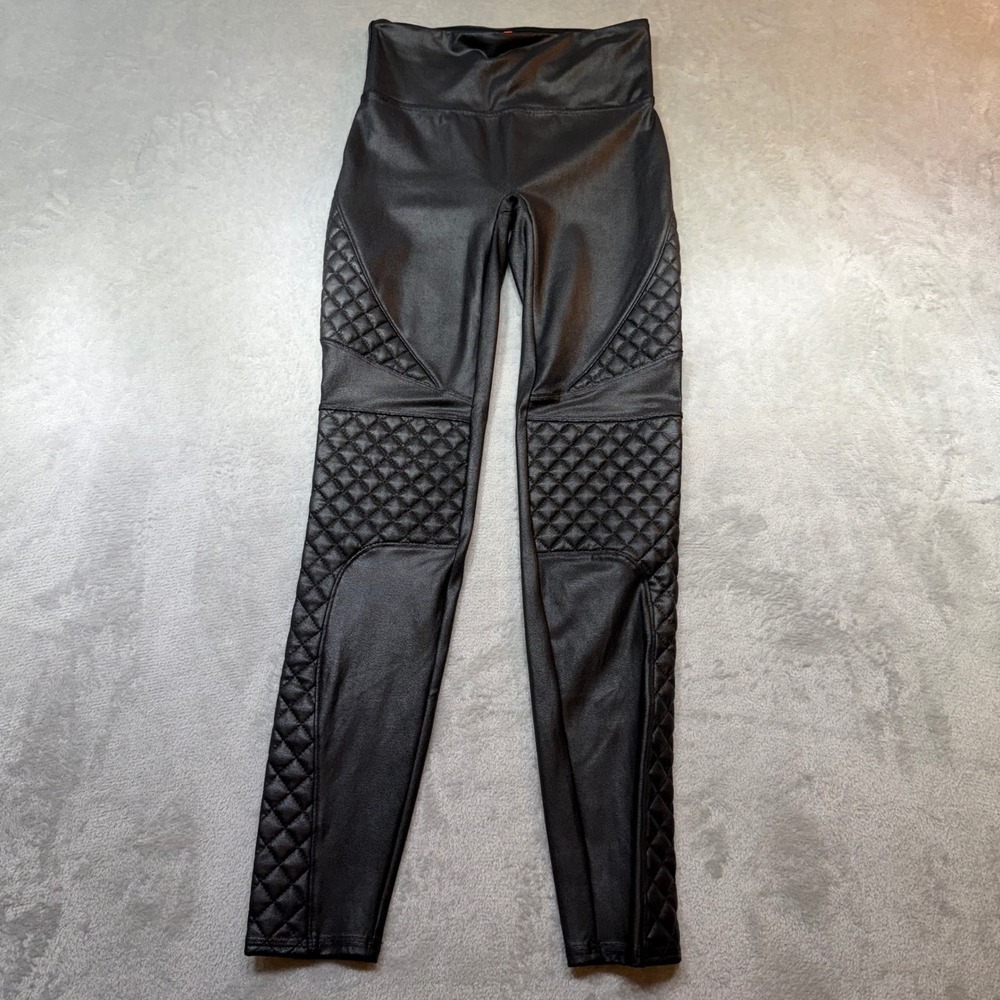 Spanx Faux Leather Moto Leggings Black Quilted High Waist S/P 20204R